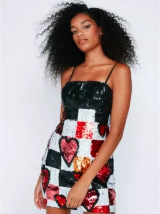 Nasty Gal Dresses & Skirts - Nasty Gal Black, White & Red Sequin Checkerboard Mini Dress with Hearts